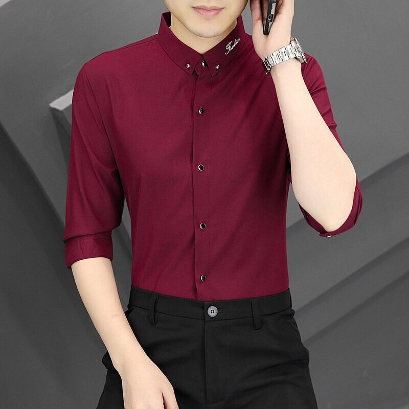 Embroidered Three-Quarter Sleeve Shirt for Men, Summer Style, Personalized Ice Silk Non-Iron Mid-Sleeve Shirt, Men's Short-Sleeve Slim Fit, Trendy Hairstylist Style Embroidered Three-Quarter Sleeve Shirt for Men, Summer Style, Personalized Ice Silk Non-Iron Mid-Sleeve Shirt, Men's Short-Sleeve Slim Fit, Trendy Hairstylist Style