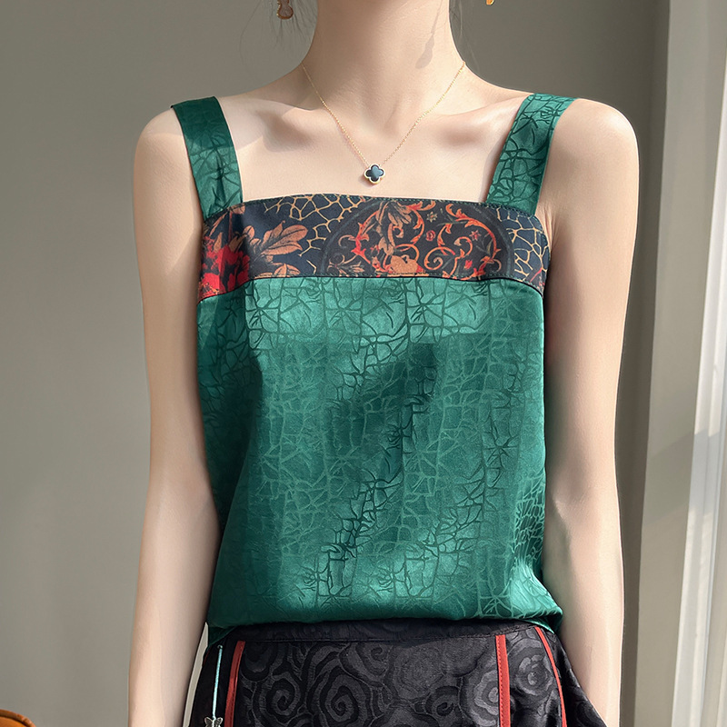 Satin 24 Summer Women's New Chinese Style Off-Shoulder Short Satin Vintage Print Strapless Camisole