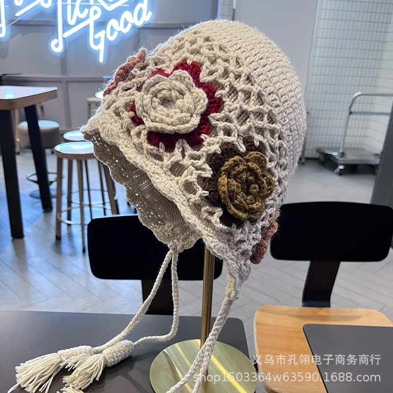日系复古花朵针织帽子女款2025新款秋季文艺气质百搭显脸小护耳帽|undefined