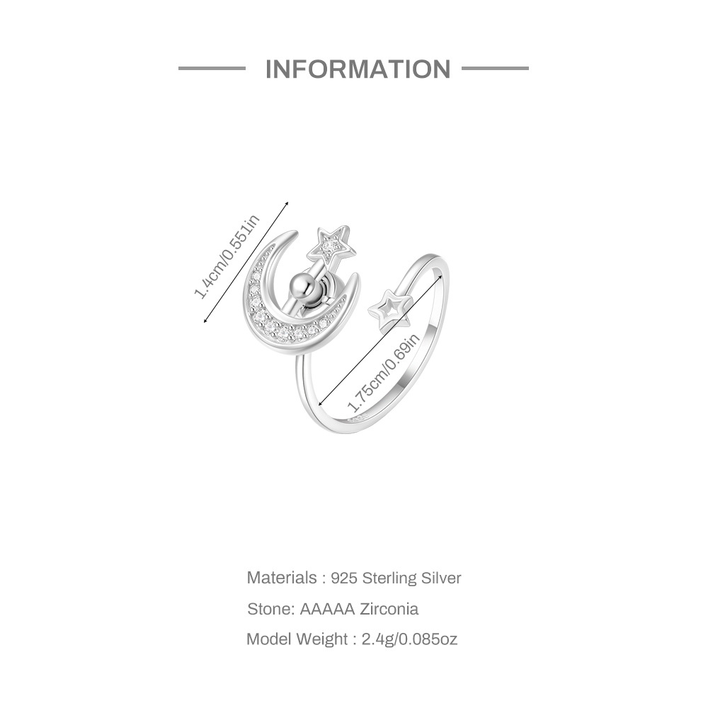 2g Weight Zircon Inlay Material Anxiety Ring, Open Rings Classification Adjustable Ring Size 1 Piece Quantity Daily Occasion 925 Sterling Silver Material Sun, Moon Pattern All Seasons Season Women's Gender Plating, Inlay Design Sweet, Shiny Style 925 Sterling Silver Zircon Sun Moon Open Rings Anxiety Ring 925 Sterling Silver Rings 5