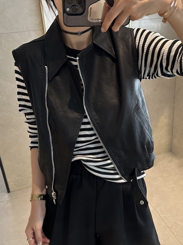 休闲百搭pu皮马甲女2025新款欧货宽松无袖上衣短款背心小皮衣外套|undefined