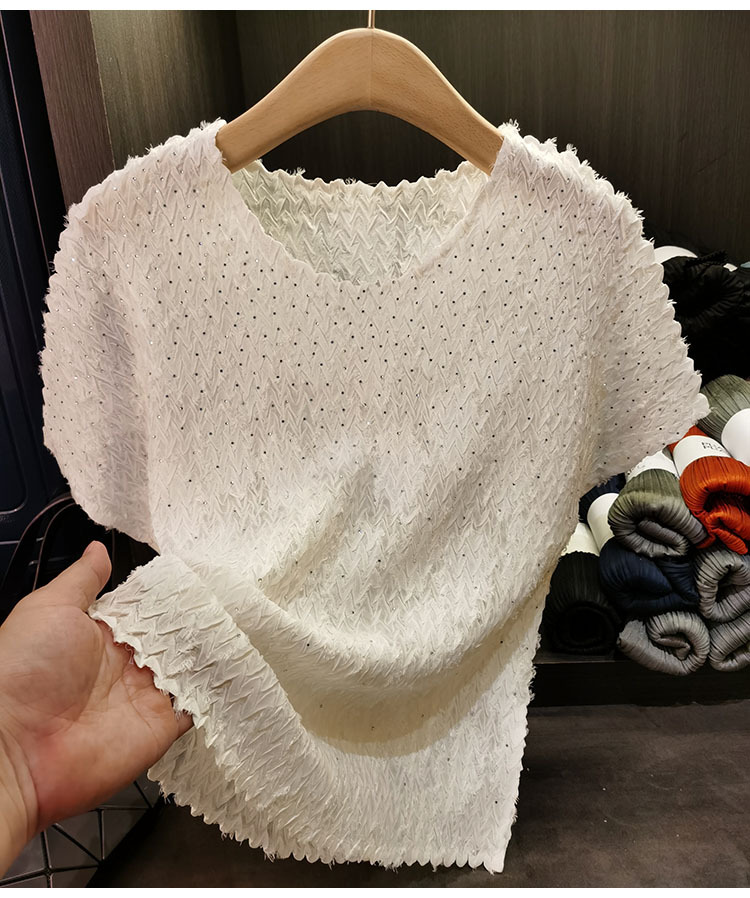 Áo thun cổ tròn dáng rộng tay ngắn xếp ly bèo nhún mùa hè — Màu đen, Màu xanh navy, Màu đỏ hoa hồng, Màu trắng chi tiết 14
