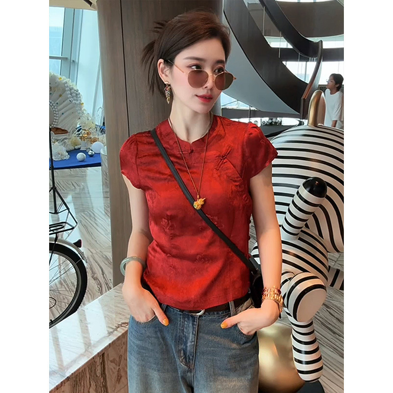 新中式气质红色短袖衬衫女装2025夏季新款百搭显瘦贵气感国风上衣|undefined