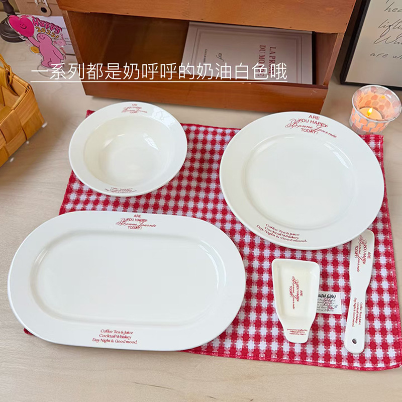 Ins Red Letter Salad Bowl Breakfast Bowl Spatula Ceramic Breakfast Plate Oval Plate Tableware Dinner Plate Bowl Dish