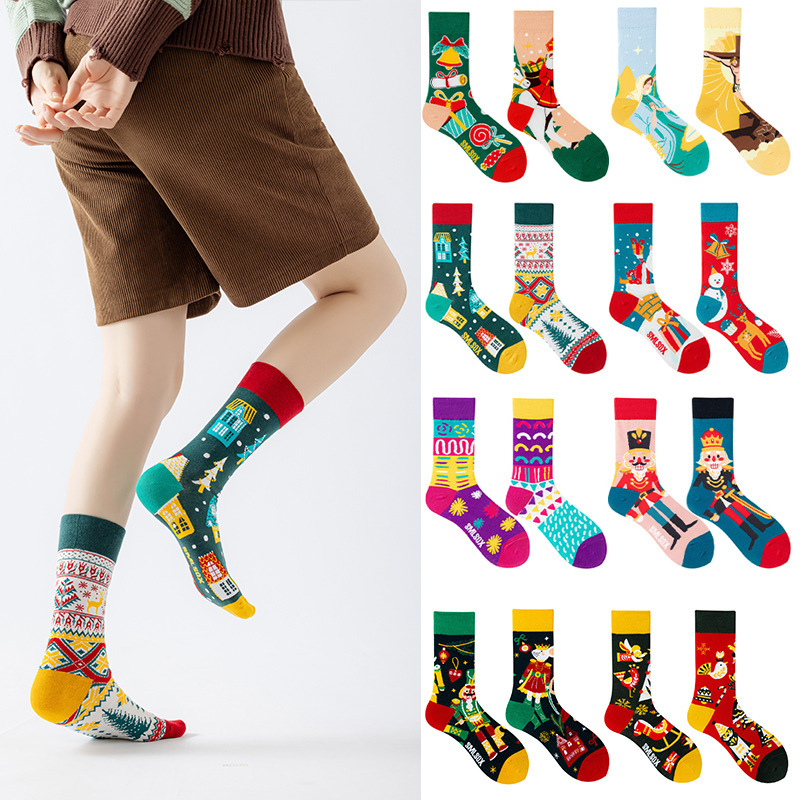 SMLSOX autumn and winter new Christmas elk snow elderly fashion cute couple parent-child asymmetric AB tide cotton socks