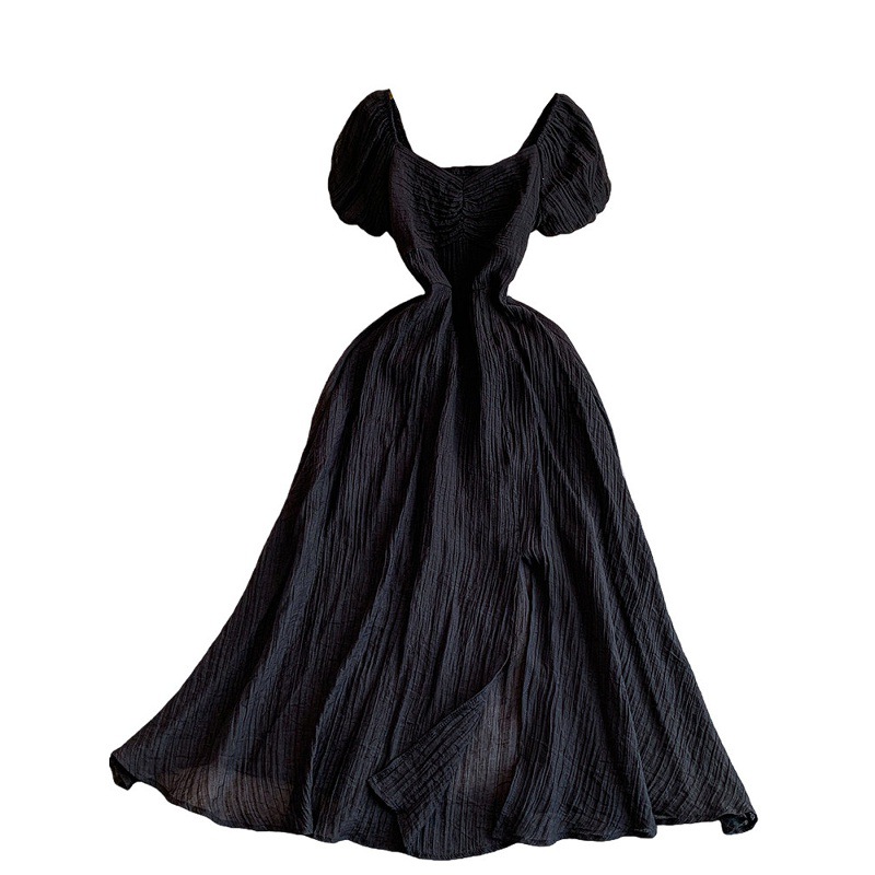 Women's French Style Elegant Square Neck Puff Sleeve Dress Casual Slit Long Skirt Pleated Waist Slimming Summer Style_ecoleips.com