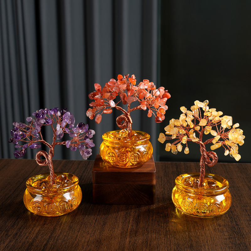 Natural crystal gravel money tree, treasure bowl money tree, feng shui crystal fortune decoration, wholesale from manufacturer