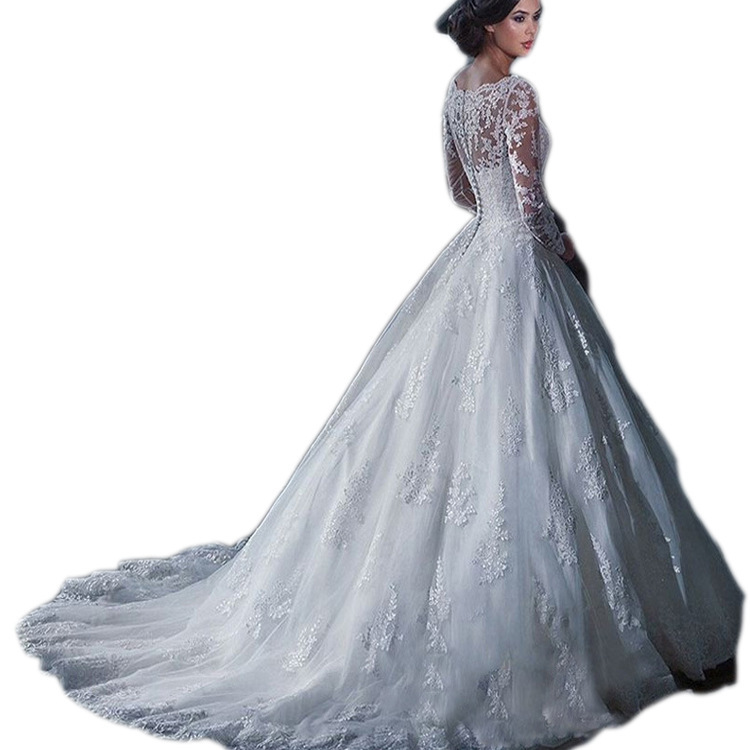 Vestido de Novia de Comercio Exterior 2025, Nuevo Vestido de Novia de Otoño e Invierno con Hombros Descubiertos, Ajustado, con Cola de Encaje, Talla Grande, Adelgazante, de Manga Larga