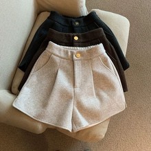 女童毛呢开叉阔腿短裤2025秋冬季新款韩版松紧高腰宽松直筒休闲潮