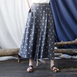 2247喜墨原创宽松文艺阔腿裤百搭中腰棉麻裙裤波点做旧洗水裙裤