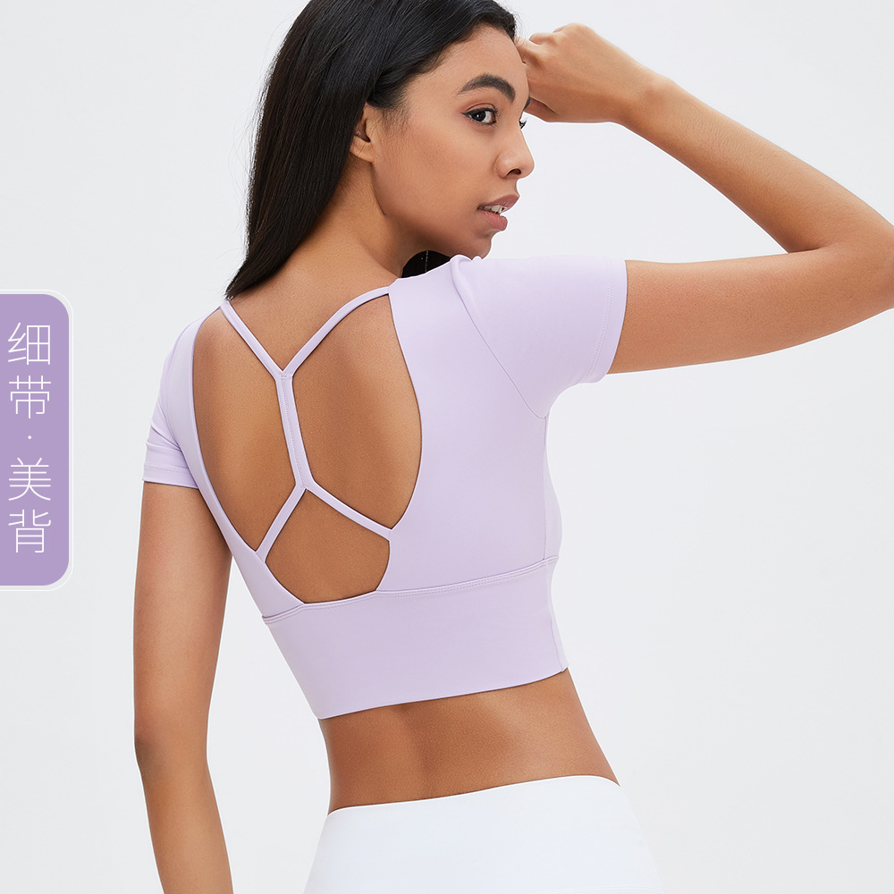 Amazon nuevo yoga manga corta Correa delgada Cruz espalda sexy deportes camiseta alta cintura elástica fitness yoga ropa