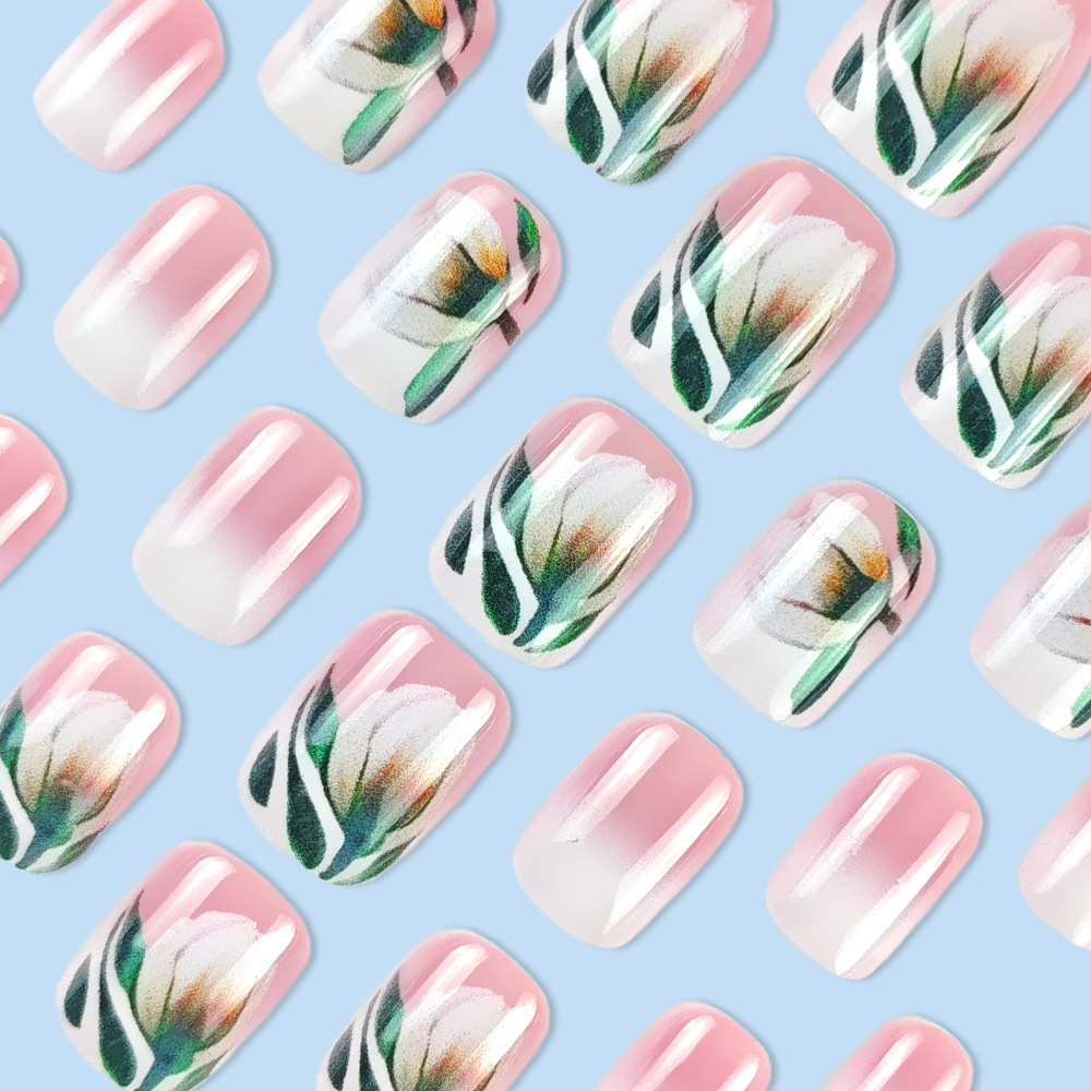 Uñas postizas de primavera y verano para comercio exterior, pegatinas de uñas de tulipán simples y delicadas, 24 piezas, arte de uñas fresco al por mayor.