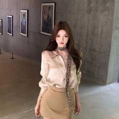 御姐风套装女气质缎面polo领长袖衬衫女2025秋季感显瘦短裙两件套