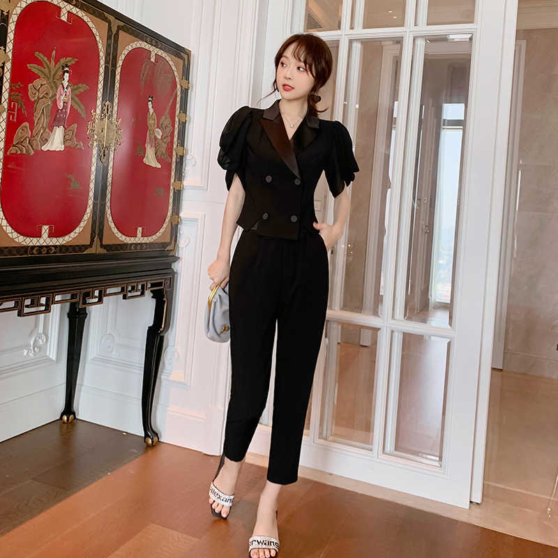 Bộ trang phục nữ thần thon eo, phong cách thanh lịch trưởng thành, quần áo hai mảnh công sở mùa hè — Màu đen