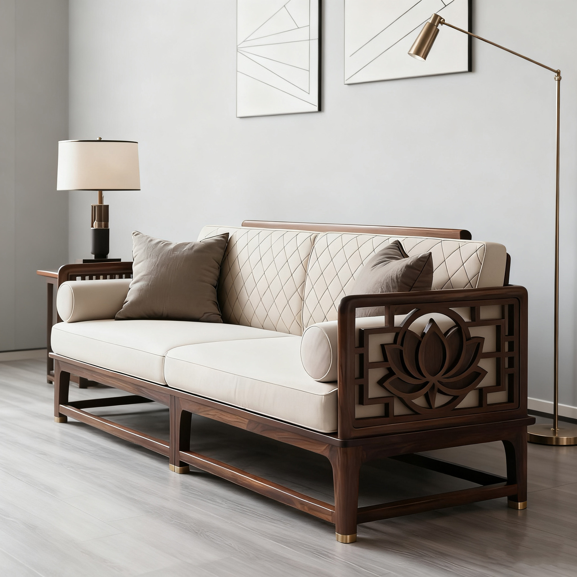 New Chinese Style North American Black Walnut Sofa Song Style Aesthetic Three-Seat Fabric Leisure Sofa High-End Solid Wood Furniture