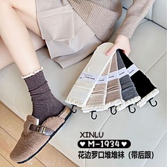 花边袜子女中筒袜纯棉春秋款日系复古jk长袜白色纯欲风无骨堆堆袜