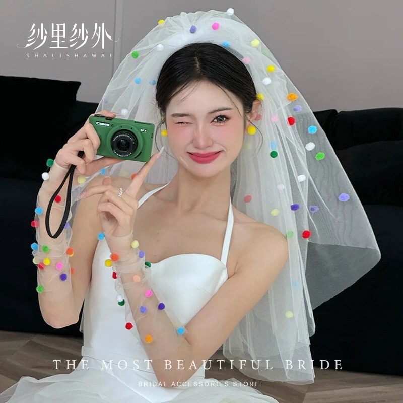 Color Ball Head Veil Dopamine Sweet License Tiara Valentine's Day Bride Wedding Proposal Photo Studio Props