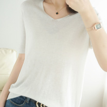 女装冰丝短袖针织衫女夏季薄款针织2024宽松新款百搭上衣打底半袖