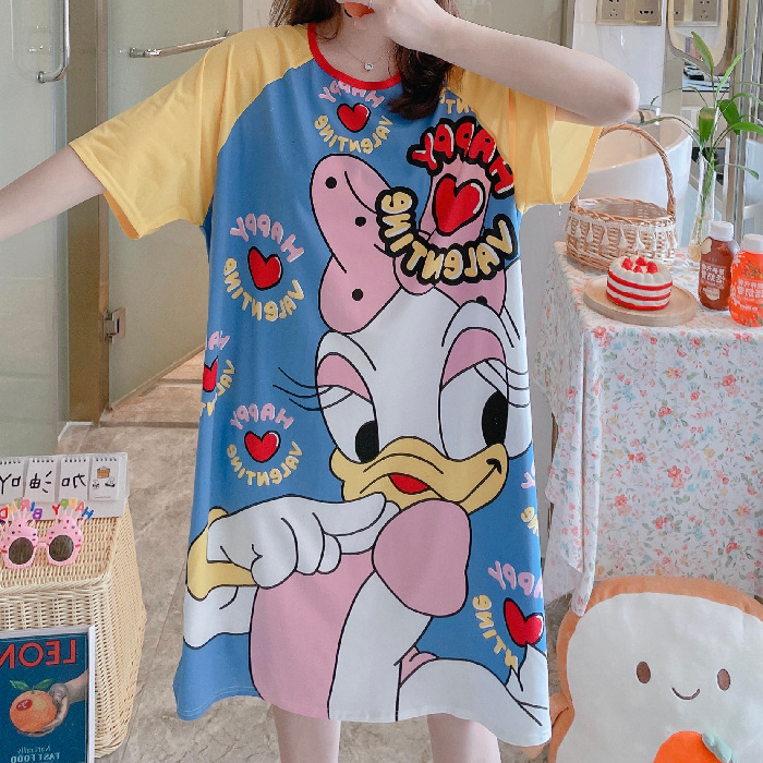 Camisón de verano de las mujeres camisón de manga corta de comercio exterior de dibujos animados pijamas delgados de una sola pieza vestido lindo homewear