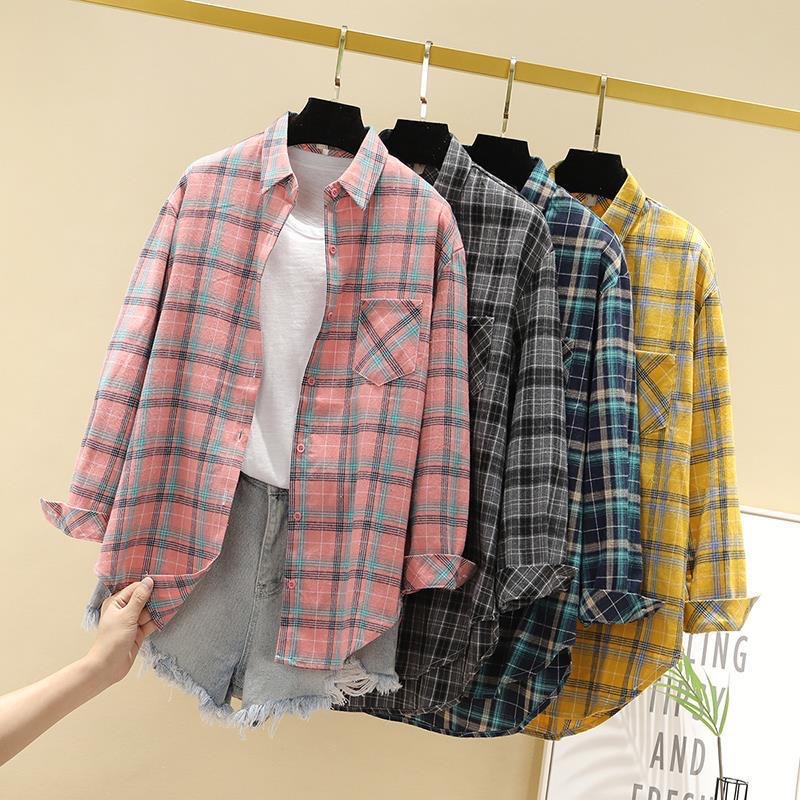 Cotton Plaid Shirt Women's New Korean Style Versatile Top Loose Retro Hong Kong Style Long-Sleeved Jacket 2021 Spring Style