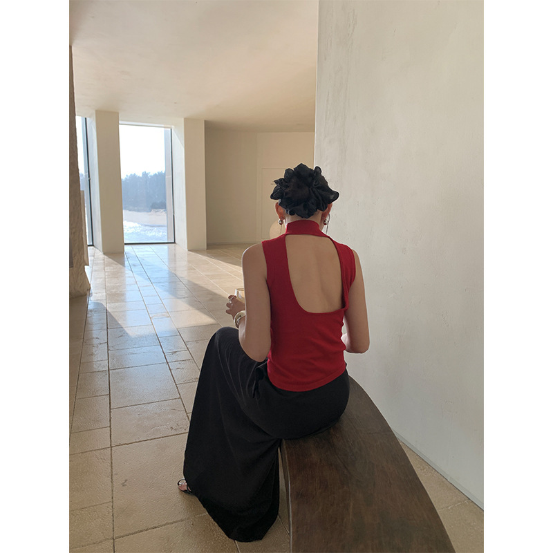 Wanwei Retro Red Backless Sleeveless Vest for Women 2025 Summer New Half Turtleneck Knitted Wool Top P2725
