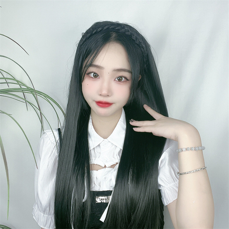 Peluca femenina twist trenza banda de pelo largo cabello recto integrado en forma de u fibra química media cabeza cubierta proveedor de peluca de comercio exterior transfronterizo