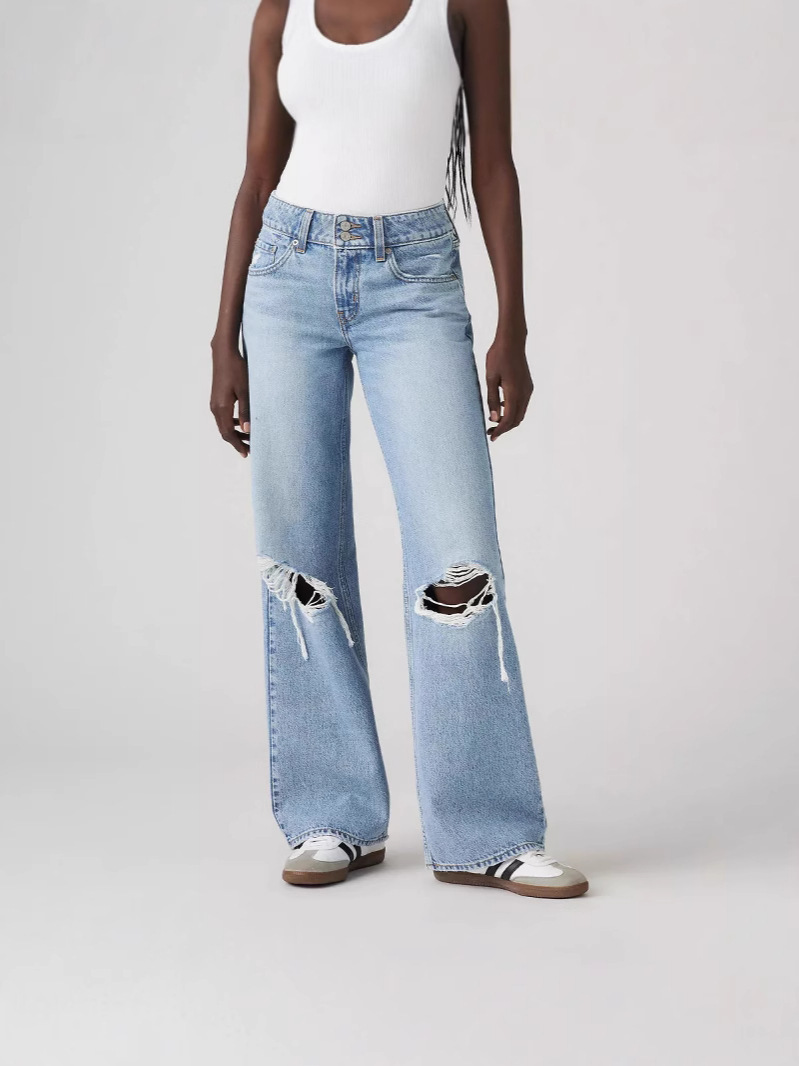 Jeans de Mujer de Tiro Alto de Algodón y Poliéster Pierna Ancha Rasgado para Uso Casual