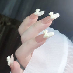 Milk Yellow Butterfly Bow Mid-Length Wearable Nails, Huhu French Nail Nail Sheet, Complete Ins Nail Sticker, Nail Sticker