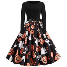 新款万圣节装扮复古女装外贸欧美圆领长袖印花大摆派对礼服连衣裙
