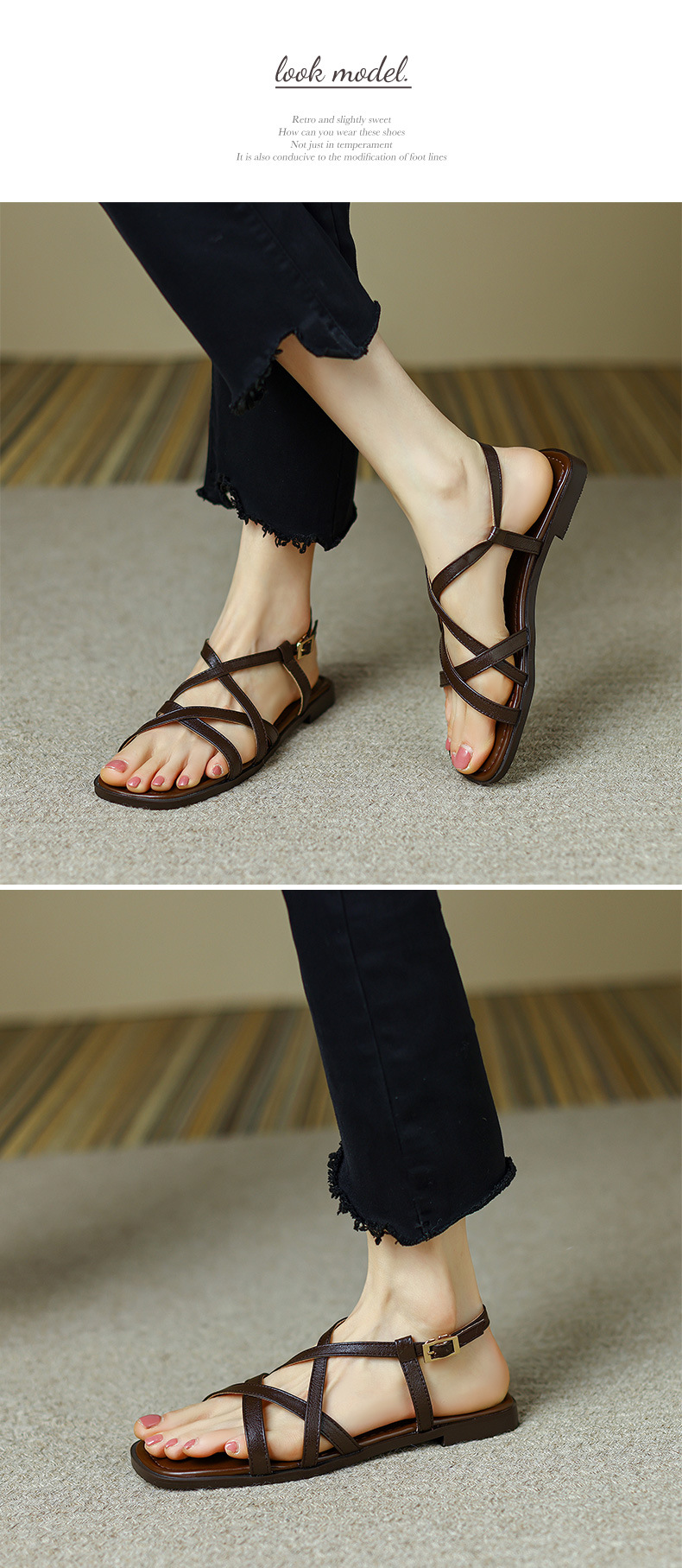 Dép sandal nữ xỏ ngón đế bệt da bò dệt hở mũi phong cách La Mã — Màu nâu chi tiết 4