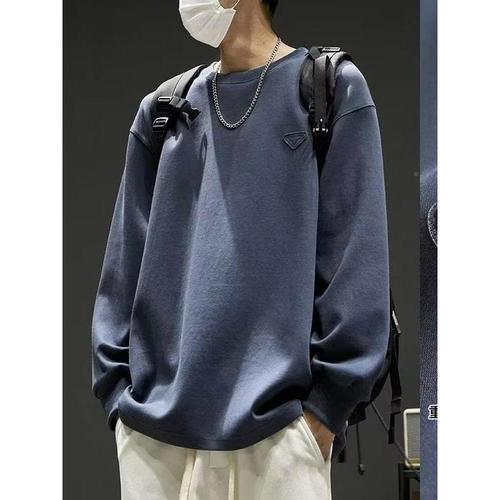 Men's Long Sleeve T-shirt with Heavyweight Crew Neck Base Layer Top, Spring and Autumn Simple Color Hooded Sweatshirt Outerwear, Hong Kong Style National Trend