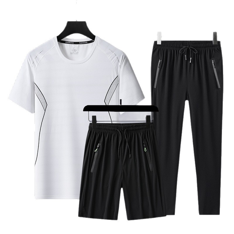 Trajes deportivos de manga corta transfronterizos para hombres de verano, camisetas de media manga de hielo, pantalones cortos casuales de tres piezas para correr.