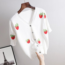 減齡小草莓手工刺綉T恤短外套v領針織衫開衫韓版ins風G4568