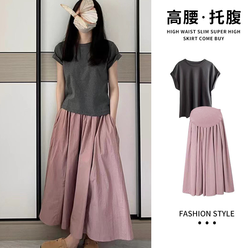 in stock Pregnant Women Salt Casual Women's Summer T-Shirt Top A- line Half-length Umbrella Skirt Two-piece Set Loose Slimming Age-reducing Wear