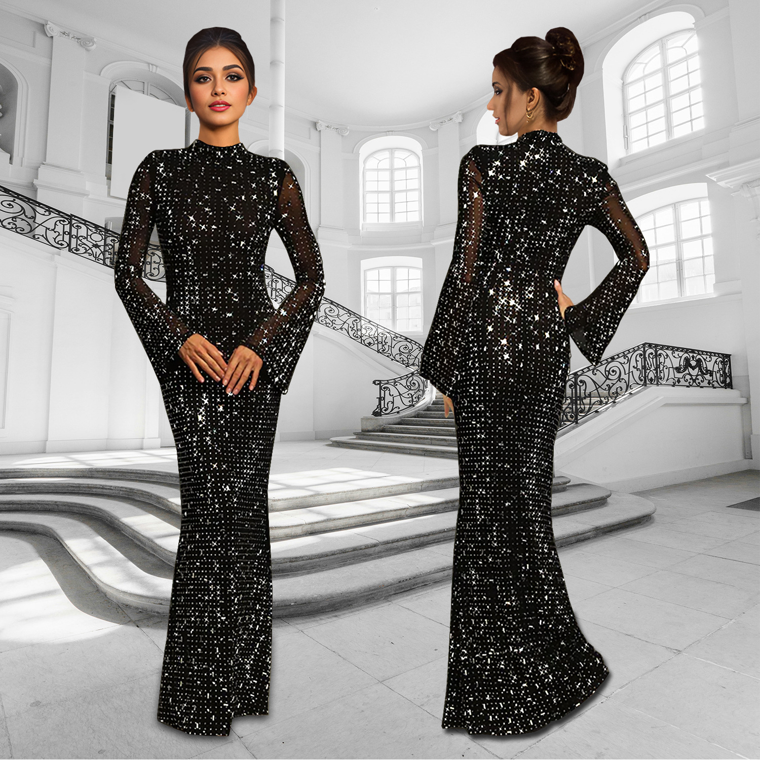 C7186 Aliexpress transfronterizo Amazon Europa y América de moda femenina delgada sexy vestido de diamante caliente de manga larga nuevo