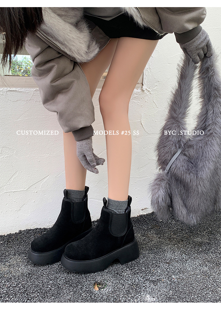 Boot Chelsea nữ da dê lót lông cừu đế dày platform ấm mùa đông — màu đen chi tiết 15
