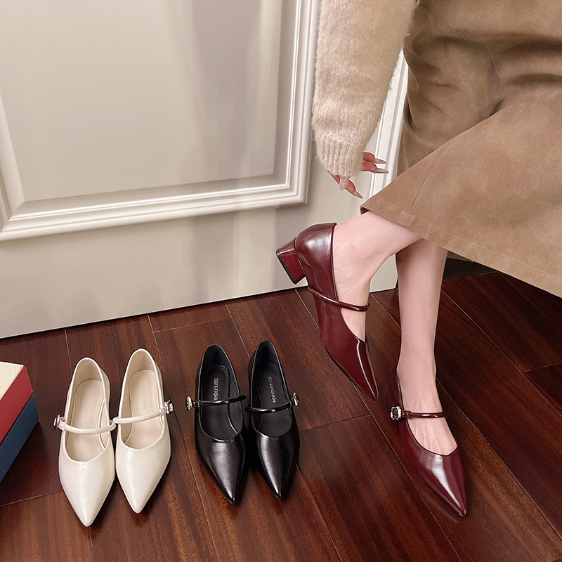 Neue rote Mary Jane Schuhe für Damen, Frühjahr/Herbst 2025, Blockabsatz, französischer Stil, vielseitig, hochwertig, spitze Zehenpartie_voghion.com