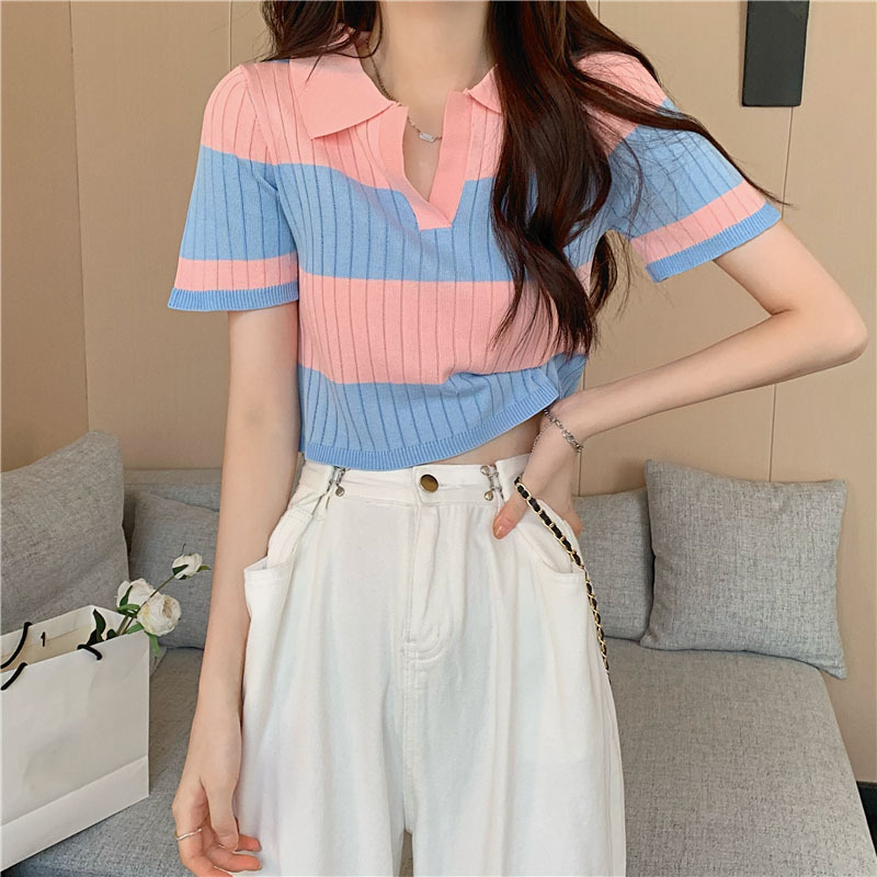 Spot wholesale summer striped polo collar knitted short sleeve age-reducing foreign style hot girl short color beautiful top thin Spot wholesale summer striped polo collar knitted short sleeve age-reducing foreign style hot girl short color beautiful top thin