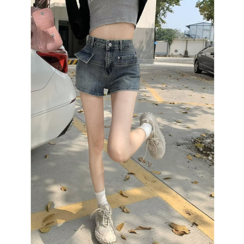 Lady's Summer Vintage Denim Shorts, Retro Ins Trend High-Waisted Slimming A-Line Petite Straight Wide Leg Pants