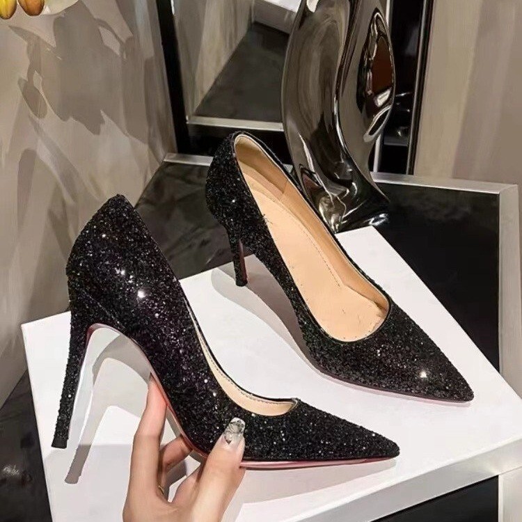 Sequin Red Bottom High Heels Women's 2024 New 43 Size Black Stiletto Sexy Pointed Style Professional Elegant Single-layer Shoes Sequin Red Bottom High Heels Women's 2024 New 43 Size Black Stiletto Sexy Pointed Style Professional Elegant Single-layer Shoes