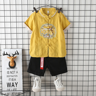 男童漢服夏季中國風寶寶抓周唐裝兒童棉麻套裝古裝複古中式演出服