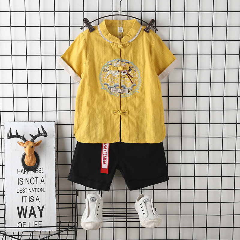 男童漢服夏季中國風寶寶抓周唐裝兒童棉麻套裝古裝複古中式演出服