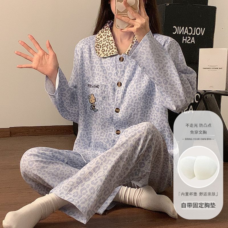 Ins adorable KT gato nubes de algodón pijama de mujer con cojín de pecho primavera y otoño cardigan de manga larga estampado de leopardo conjunto de ropa de casa