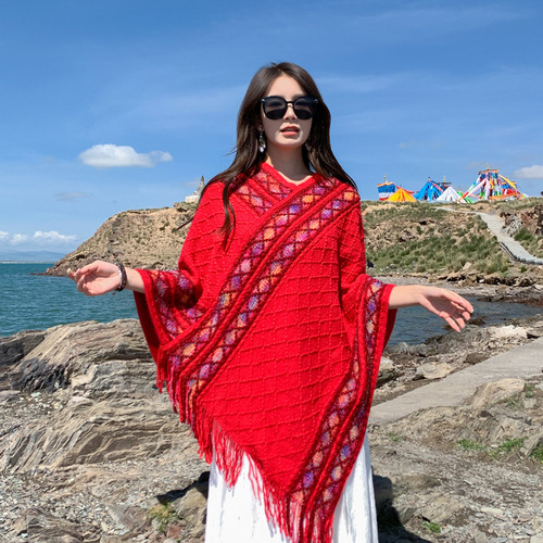 Bohemian rhombus plaid warm pullover shawl thickened Tibetan northwest windproof cloak for women to take photos and travel