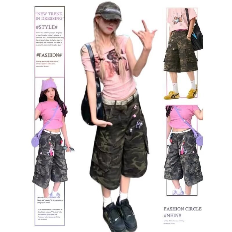 American Retro-Style Camouflage Workwear Jeans for Women, Summer New Slim-Fit Cropped Wide-Leg Pants