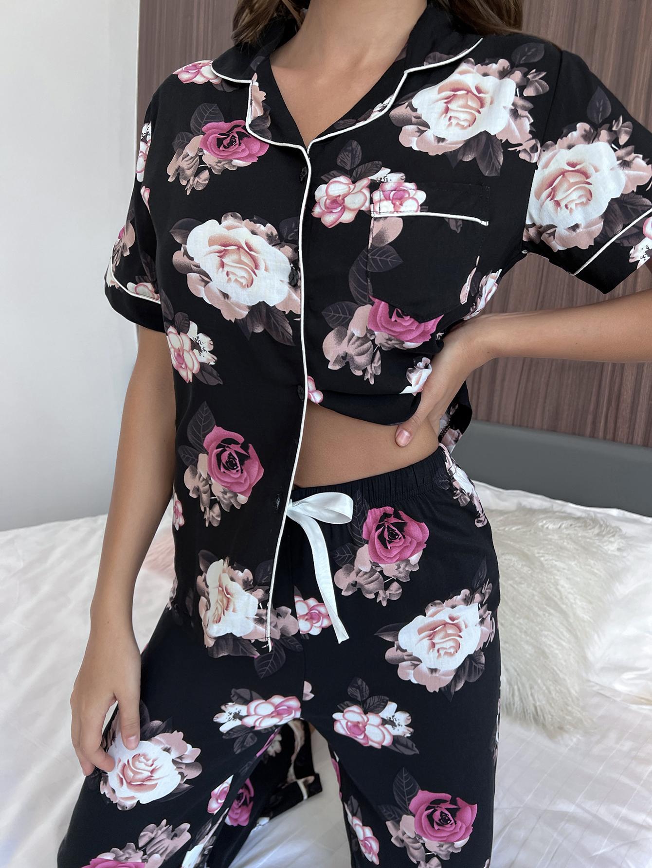 short-sleeved loose lapel flower print two-piece Loungewear-Can be worn outside NSWFC130540