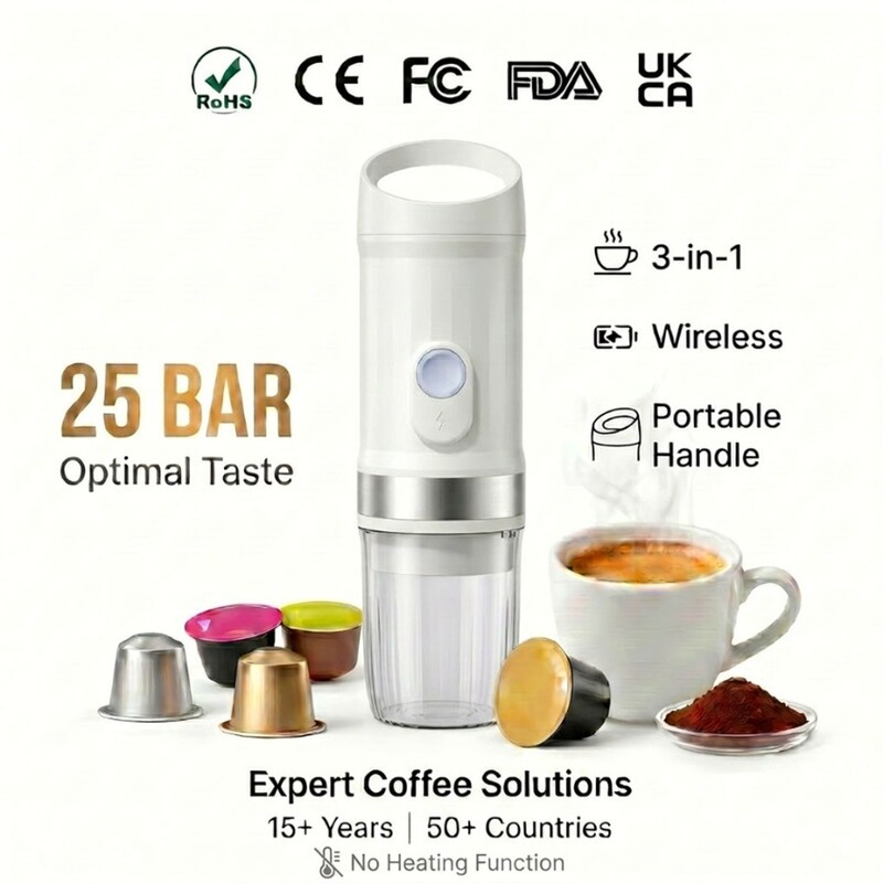 Kasuda Portable Capsule Coffee Machine Heats Water to Extract Espresso from Concentrated Capsules and Coffee Powder Kasuda Portable Capsule Coffee Machine Heats Water to Extract Espresso from Concentrated Capsules and Coffee Powder
