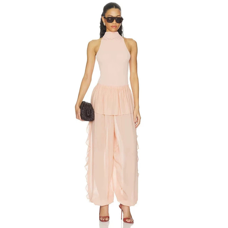 Korean-Style Light Pink Halter Neck Bodysuit with Half-High Collar, Sleeveless, Cut-Out Shoulders, High Slit, Stretchy and Tight-Fitting Inner Wear