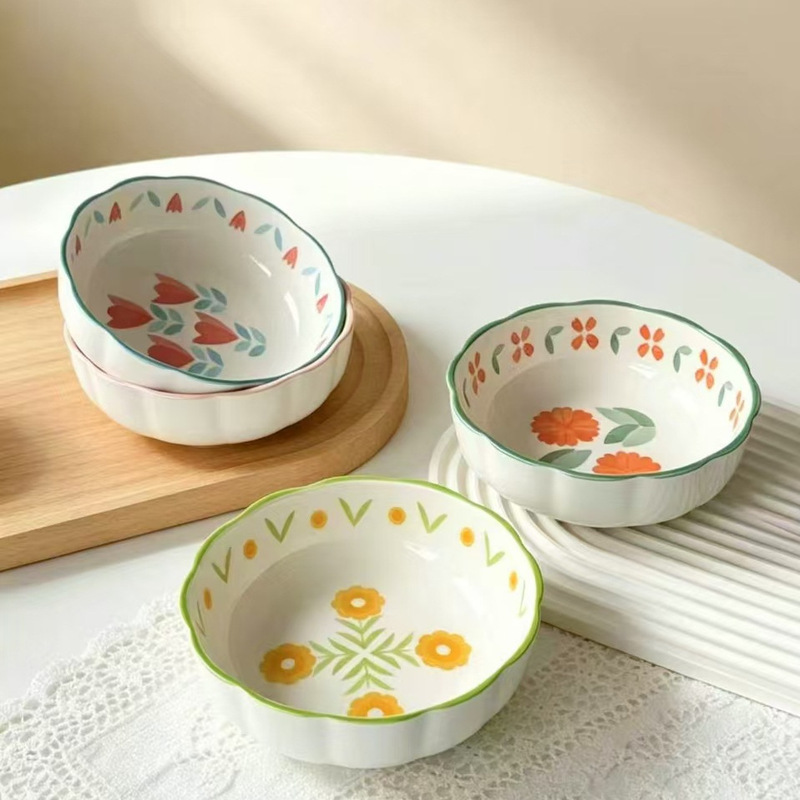 6inch Lace-Edged Ceramic Bowls, 2 Pieces, Ins-Style Fresh and Simple Design, Household Noodle Bowls, Fruit Bowls, Thickened and Heat-Resistant