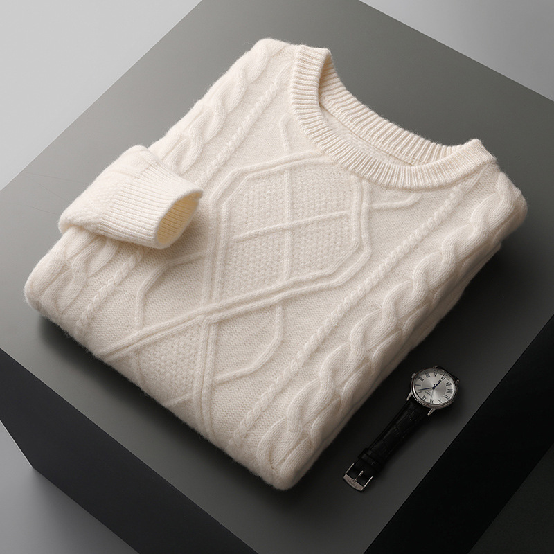 Autumn and Winter 100 Pure Wool Sweater Men's Round Neck Large Diamond Five-needle Three-strand Thickened Wool Sweater Knitted Base Sweater
